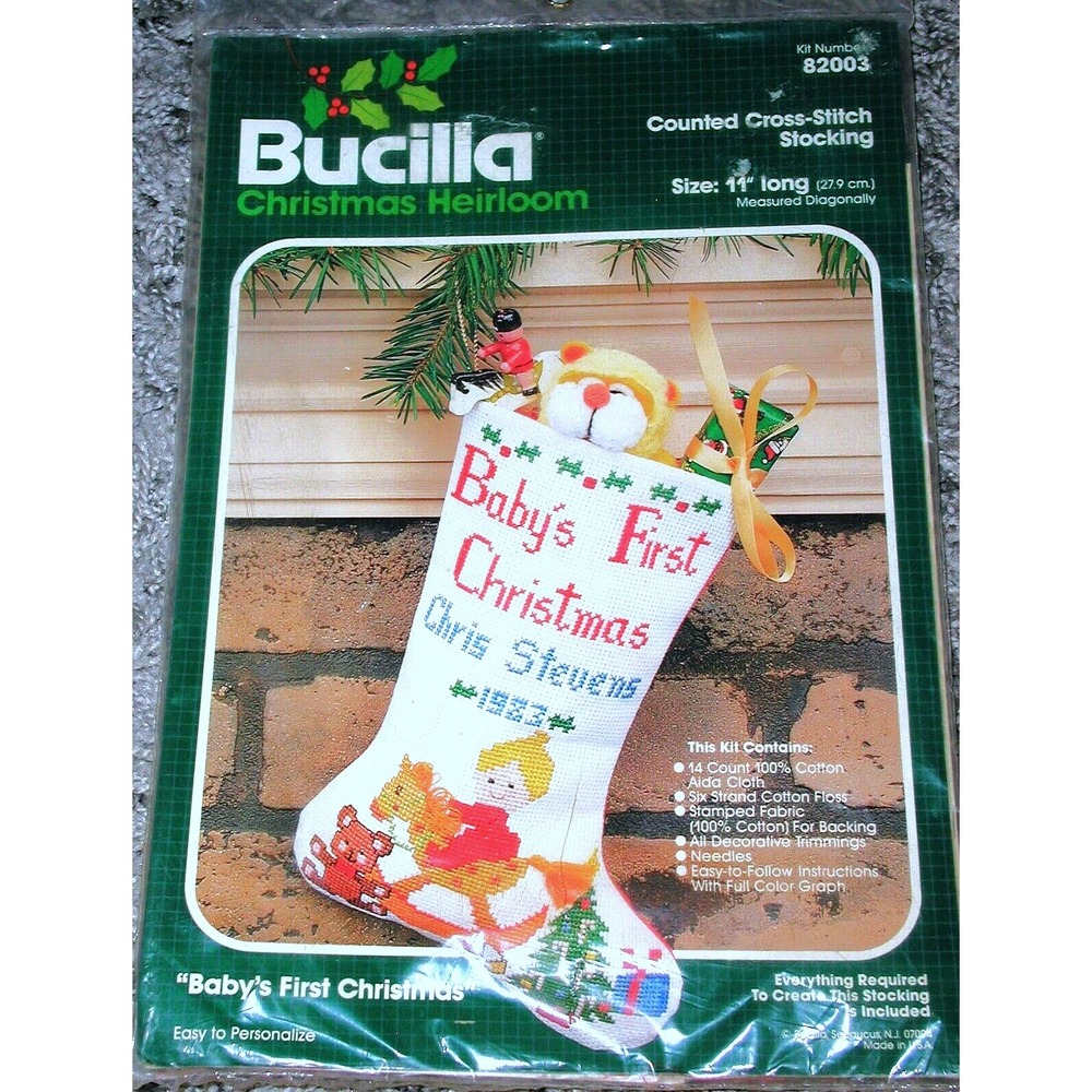BABY's 1st CHRSTMAS STOCKING Bucilla Craft Vtg 1983 Cross-Stitch Kit Sealed NOS